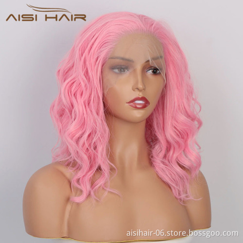 Aisi Hair Wholesale Medium Long Body Wavy Pink Wig Long Wavy Swiss Lace Wig Synthetic Lace Frontal Hair Wigs For Black Women
